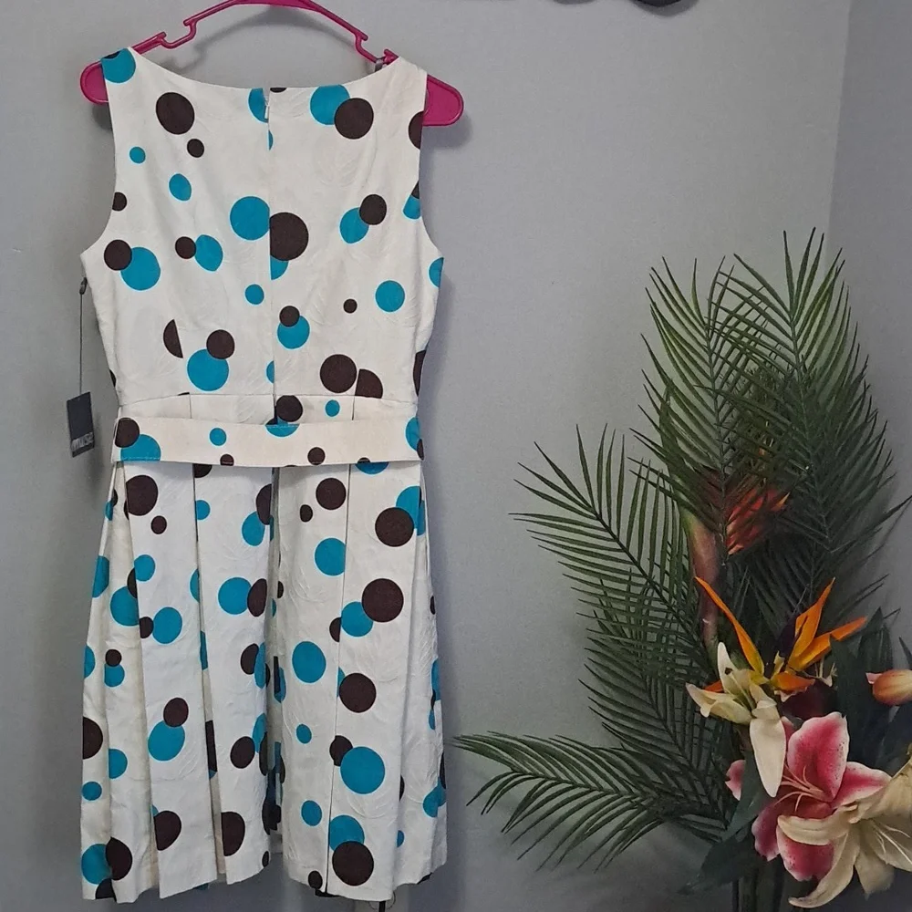 Muse White Dress Turquoise Brown Polka Dots Matching Belt Size 6 - Picture 8 of 8